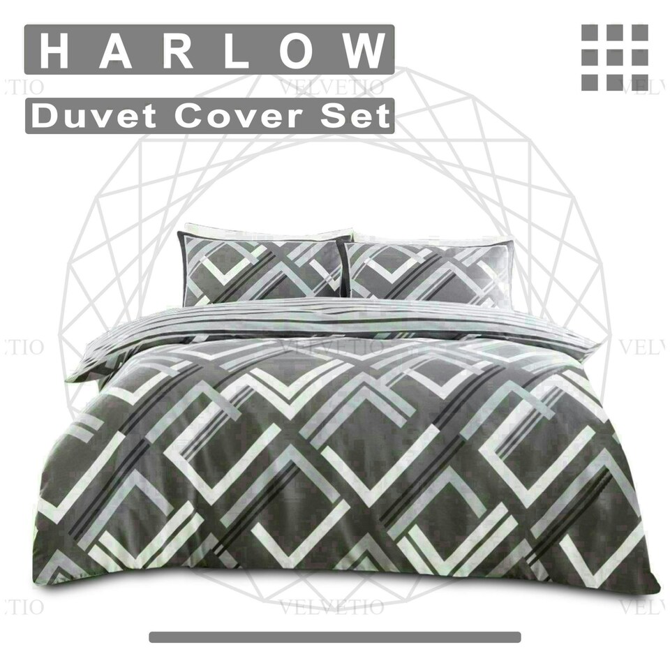 image 1 of Harlow Printed Duvet Cover Set Reversible Polycotton Beddings Grey | King