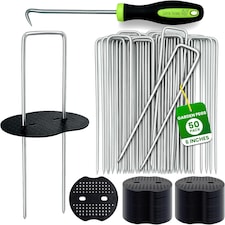 Galvanised U-Shaped Garden Pegs - Anti-Rust Weed Membrane, Artificial Grass, Netting and Tent Stakes | Silver | 6 inches - 50 Pack with Buffer Washer | 50