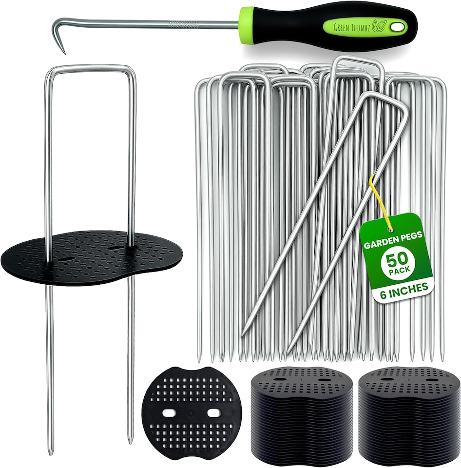 image 1 of Galvanised U-Shaped Garden Pegs - Anti-Rust Weed Membrane, Artificial Grass, Netting and Tent Stakes | Silver | 6 inches - 50 Pack with Buffer Washer | 50