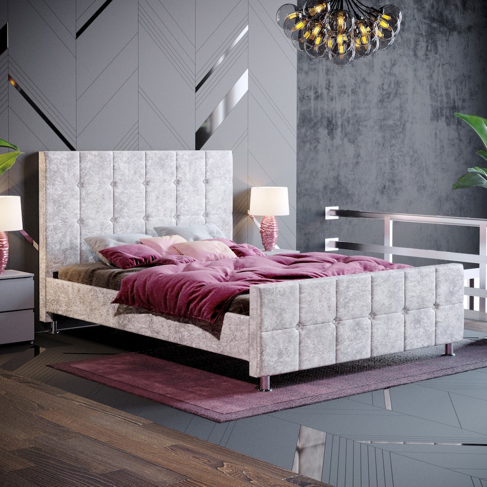 image 1 of Vida Designs Valentina 4ft6 Double Bed Fabric Upholstered, Crushed Velvet Silver, 135 x 190cm