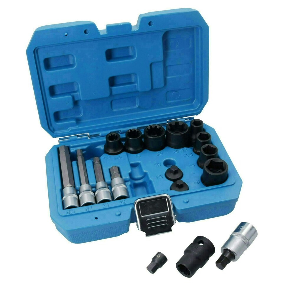 image 1 of 17pc Brake Caliper Socket and Bit Master Set Hex Pentagon Brake Pad Removal