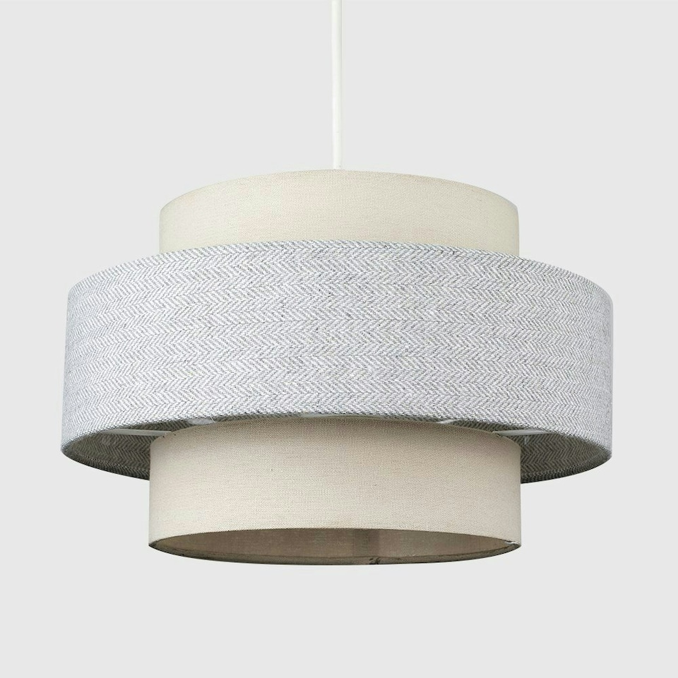 image 1 of ValueLights Cylinder Ceiling Pendant Light Shade in a Cream & Grey Herringbone Finish - Complete with a 10w LED GLS Bulb 3000K Warm White