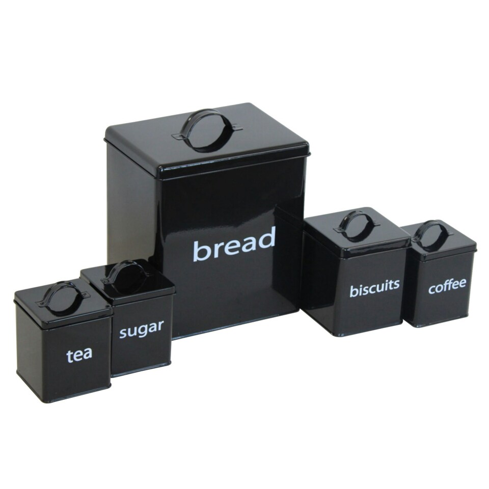 image 1 of Oypla 5 Piece Black Kitchen Canister Storage Tin Set Bread Biscuits Tea Sugar Coffee Black