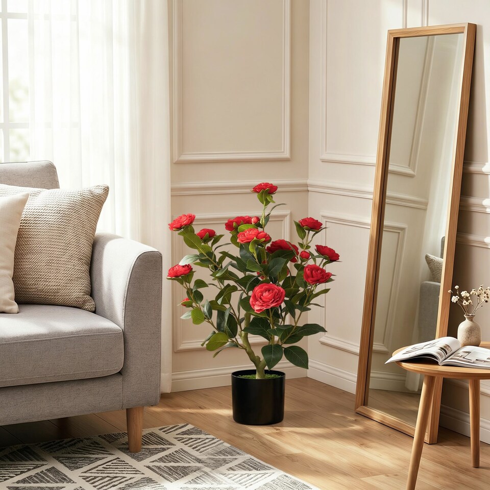 image 1 of HOMCOM 65cm Artificial Camellia Flower Plant with 116 Lush Leaves