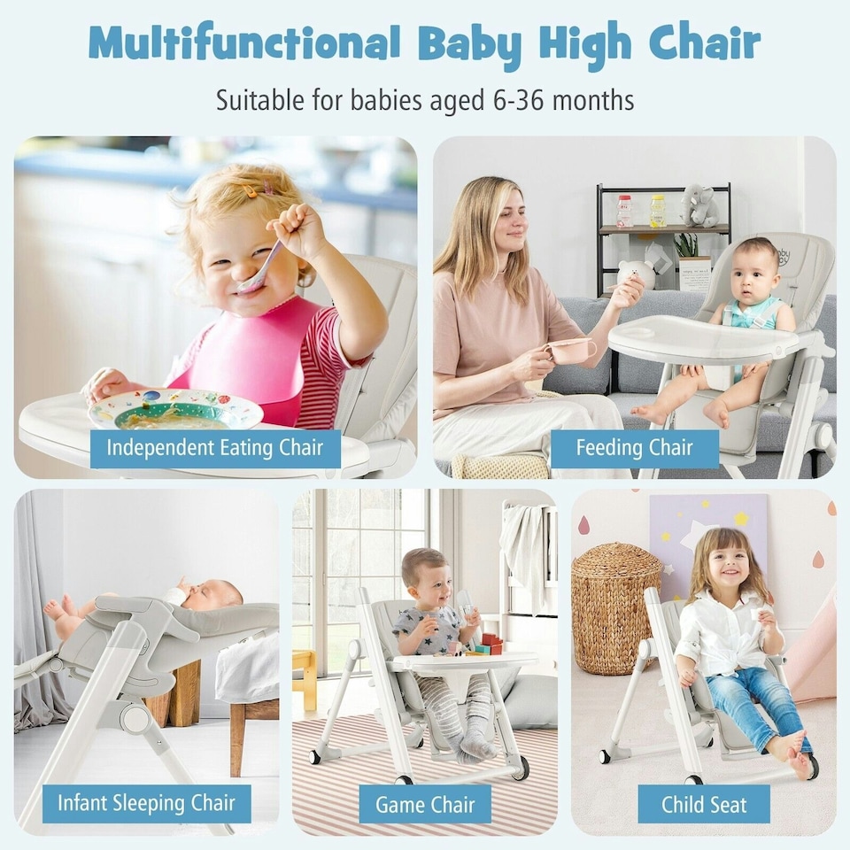 image 1 of COSTWAY Foldable Baby High Chair Convertible Chair Light Grey