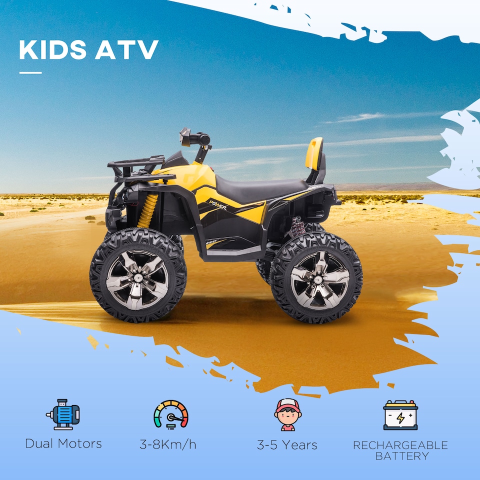 image 1 of HOMCOM 12V Quad Bike, Battery Powered Ride on ATV with LED Lights, Music, Backrest, Forward, Backward, Electric Vehicle Toy Car for Kids, Yellow