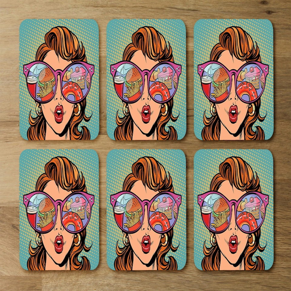 image 1 of Woman with sunglasses. Fast food and sweets in the reflection (Coaster)