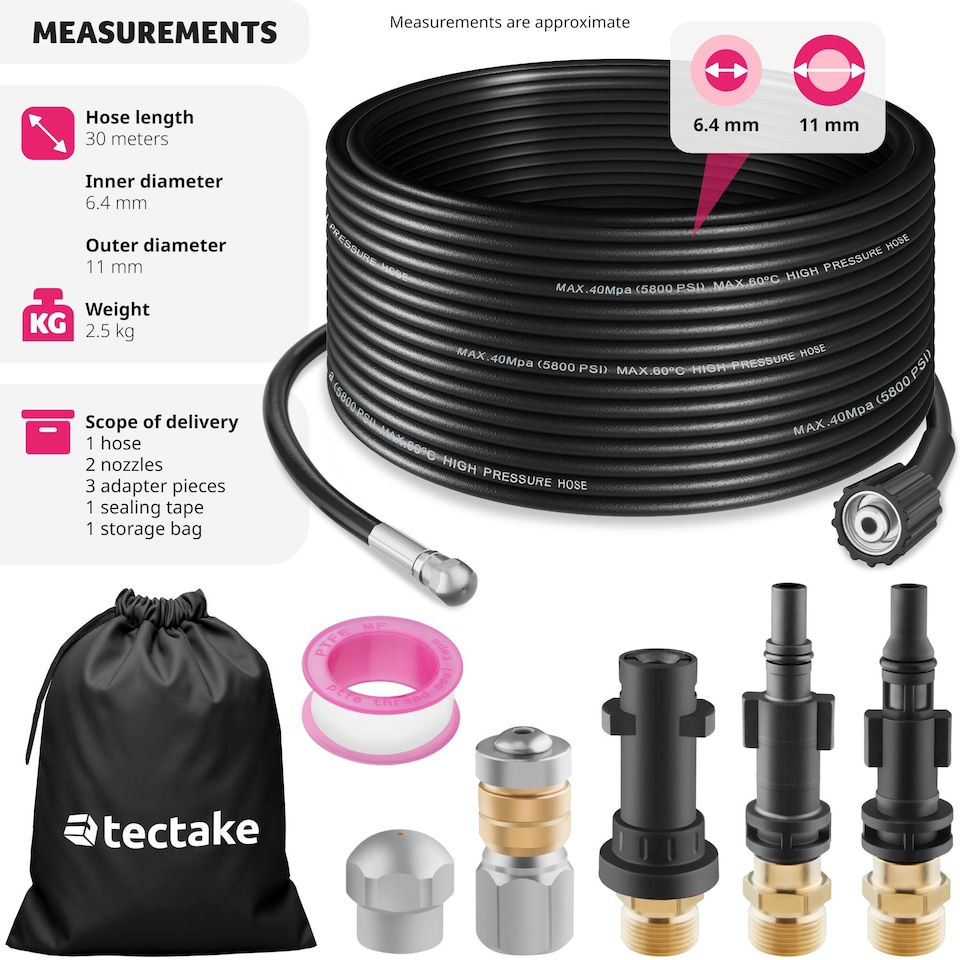 image 1 of Drain cleaning hose set including 2 nozzles and 3 adapters | Black | black | 30 m | 1