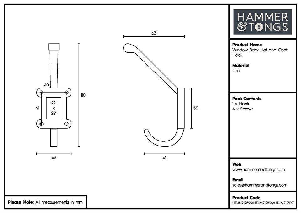 image 1 of Hammer & Tongs Window Back Hat & Coat Hook - W50mm x H110mm - Black