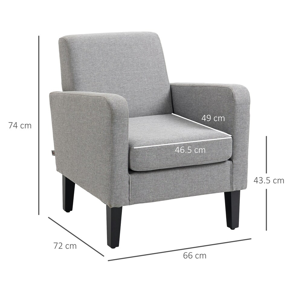 image 1 of HOMCOM Modern Armchair Accent w/ Rubber Wood Legs Bedroom Light Grey