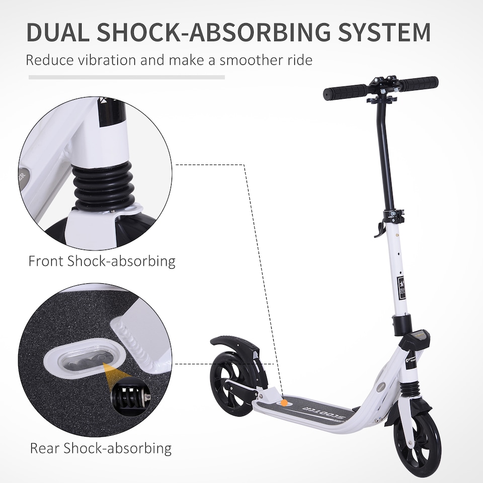 image 1 of HOMCOM Folding Kick Scooter Hight-Adjustable Urban Scooter with Rear Brake, Double Shock Absorption System & 2 Big Wheels, For 14 older Teens Adult, White