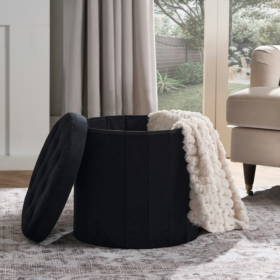 image 1 of OHS Matte Velvet Soft Round Foldable Footstool Seat Storage Organiser Ottoman Blue | Teal