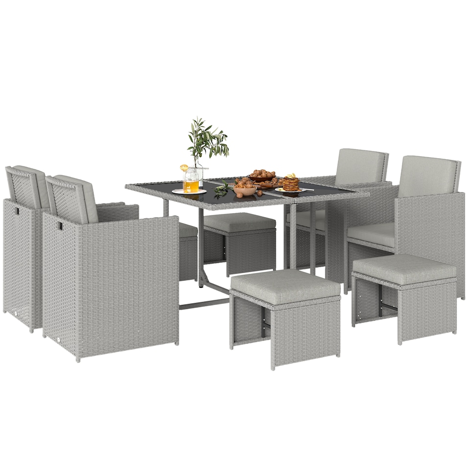 image 1 of Outsunny 8 Seater Cube Rattan Garden Dining Set with Cushions, Light Grey | Grey | Light Grey | One Size