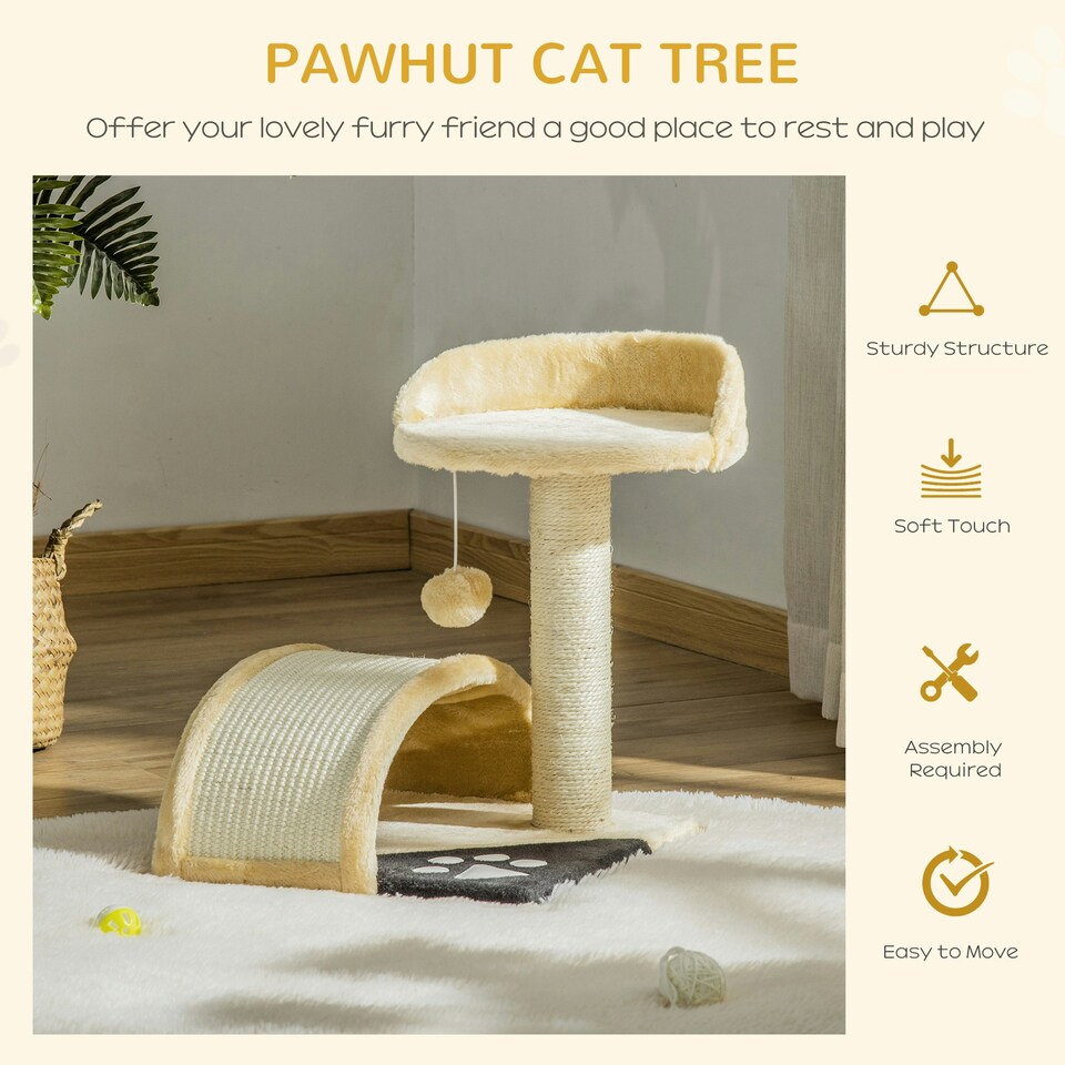 image 1 of PawHut Cat Tree Scratching Post Activity Centre Climber Hanging Ball Beige