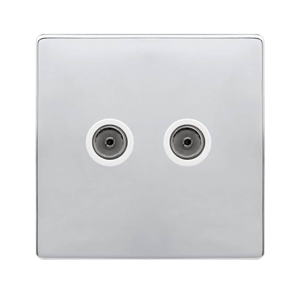 SE HOME Polished Chrome Screwless Plate 2 Gang Twin Coaxial TV Socket - White Trim - SE Home White | Polished
