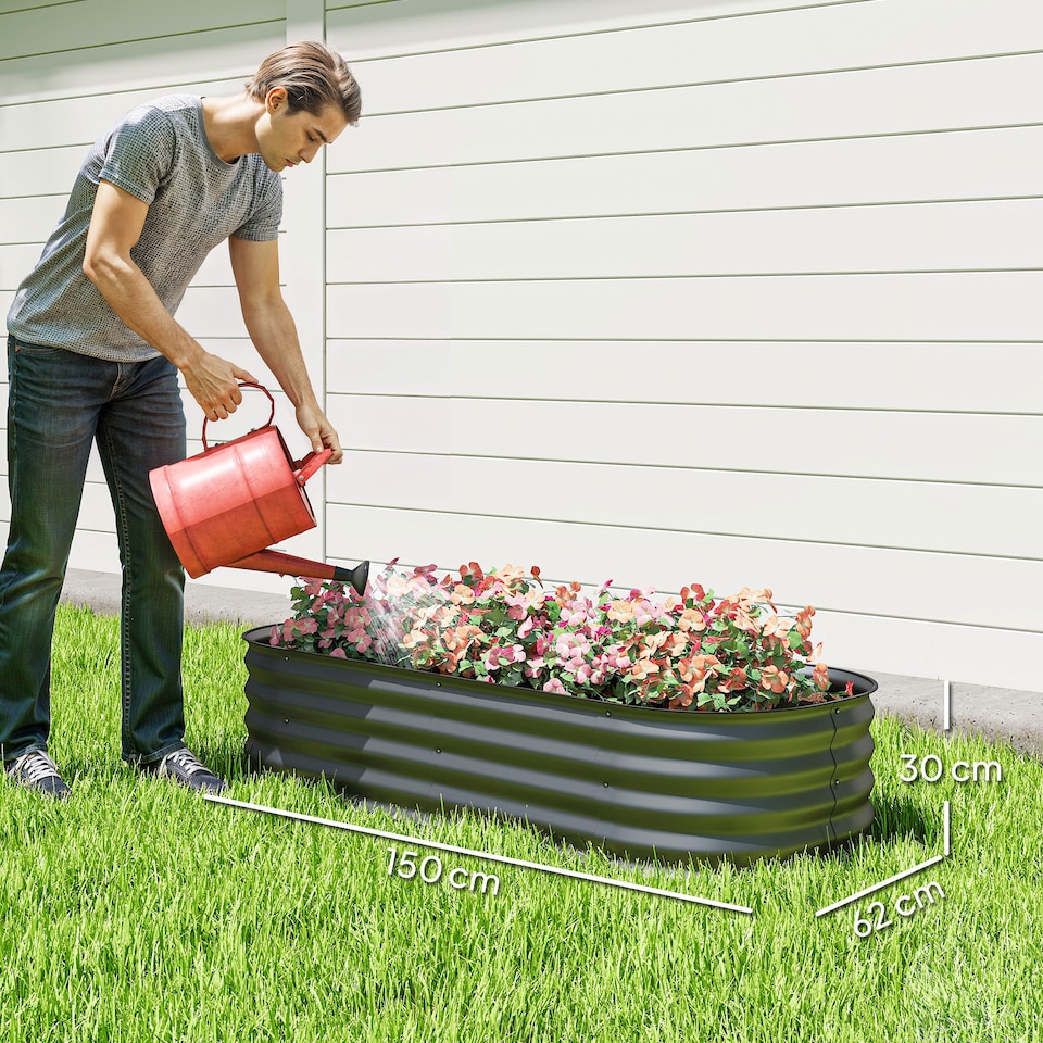 image 1 of Outsunny Galvanised Raised Garden Bed Planter Box with Safety Edging, Dark Grey