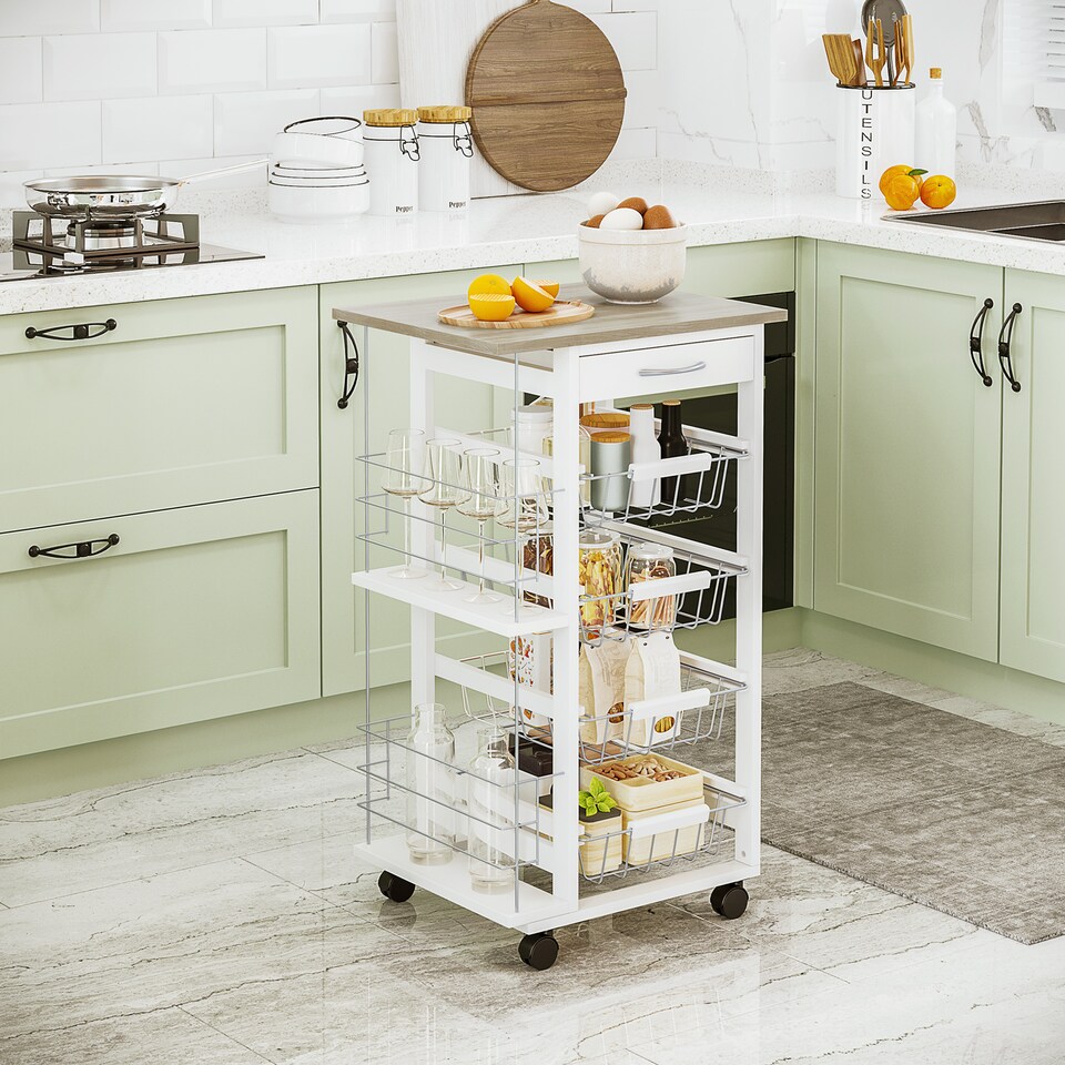 image 1 of HOMCOM Rolling Kitchen Cart, Utility Storage Cart with 4 Basket Drawers & Side Racks, Wheels for Dining Room, Natural and White