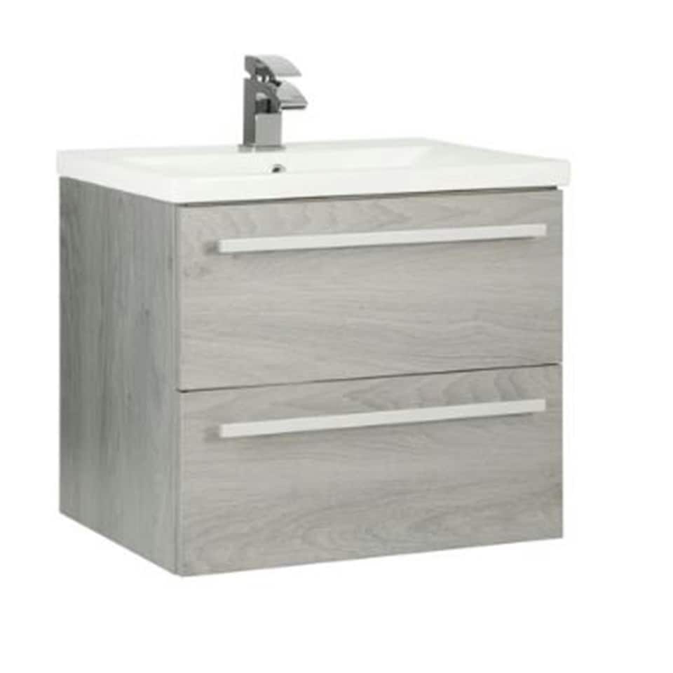image 1 of Bathroom 2-Drawer Wall Hung Vanity Unit with Mid Depth Ceramic Basin 600mm Wide - Silver Oak  - Brassware Not Included Brown