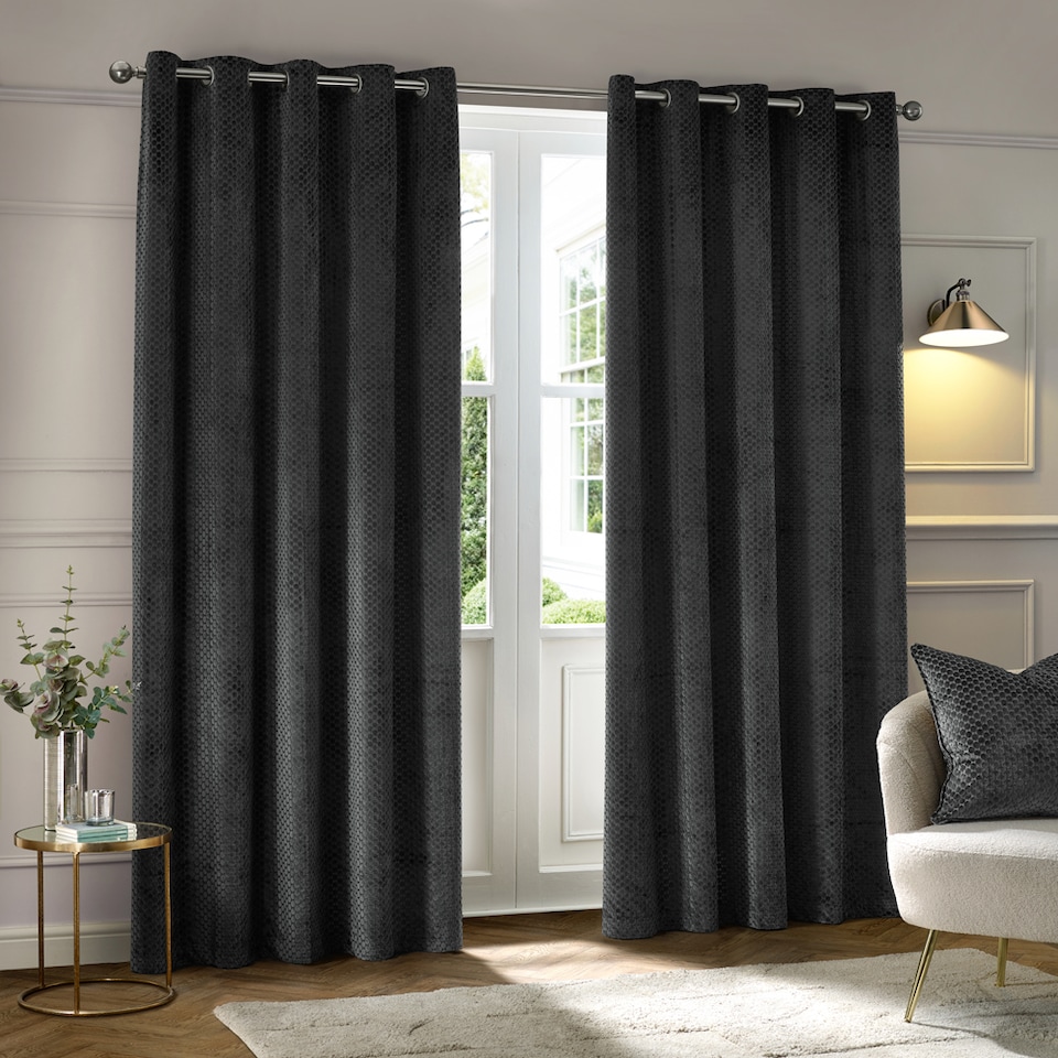 image 1 of Paoletti Neptune Fully Lined Velvet Eyelet Curtain Pair, 229cm width x 183cm drop | Grey | Charcoal | 1