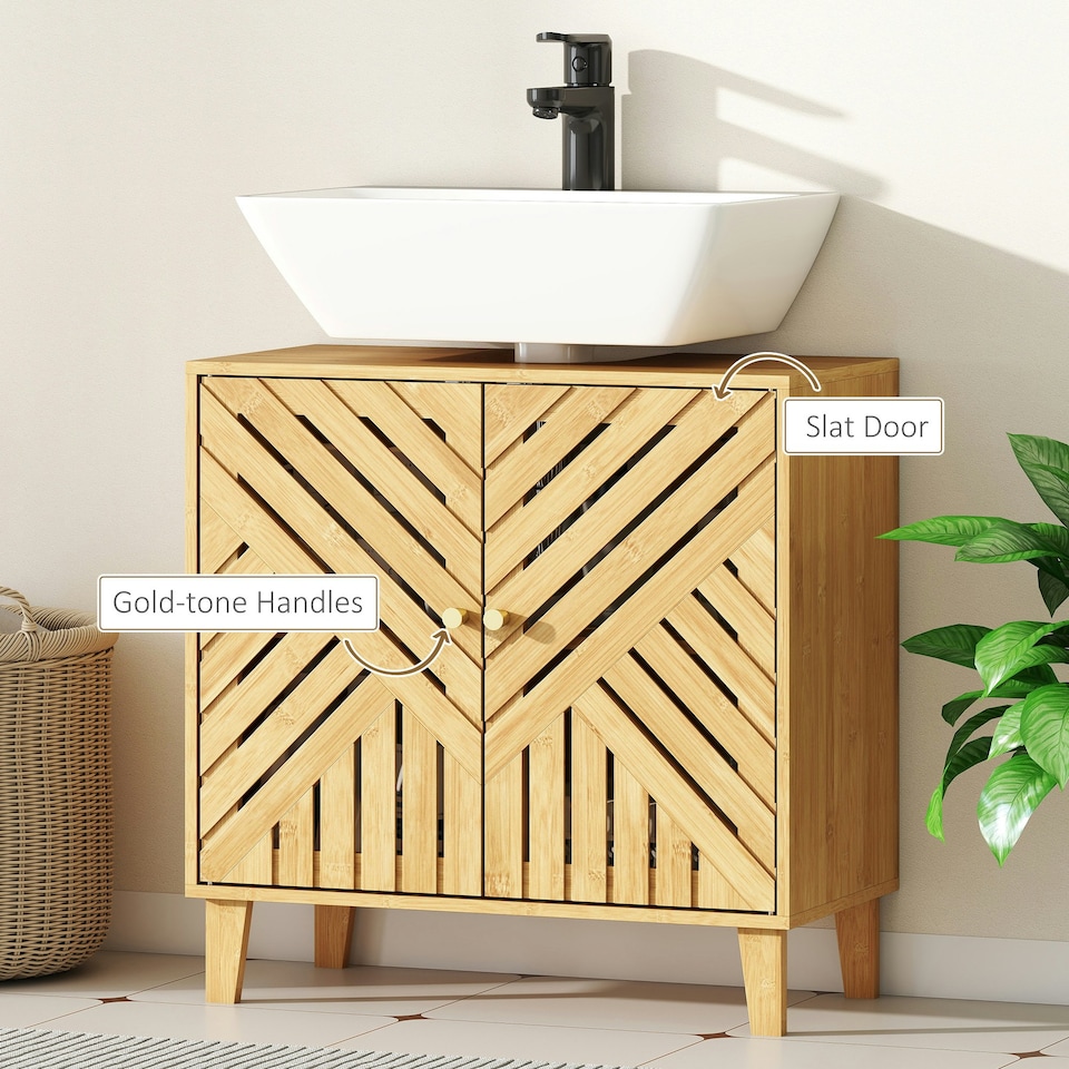 image 1 of HOMCOM Bamboo Bathroom Under Sink Cabinet with Adjustable Shelf, Natural Brown