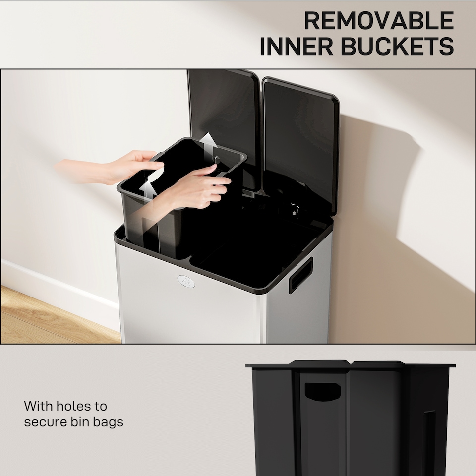 image 1 of HOMCOM 2 x 28L Dual Kitchen Bin Pedal Bin for Recycling and Waste, Silver
