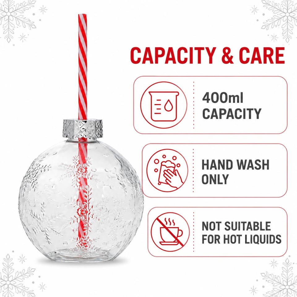 image 1 of Set of 12 Glass Bauble Drinks Tumblers Clear Snowflake 400ml With Straw