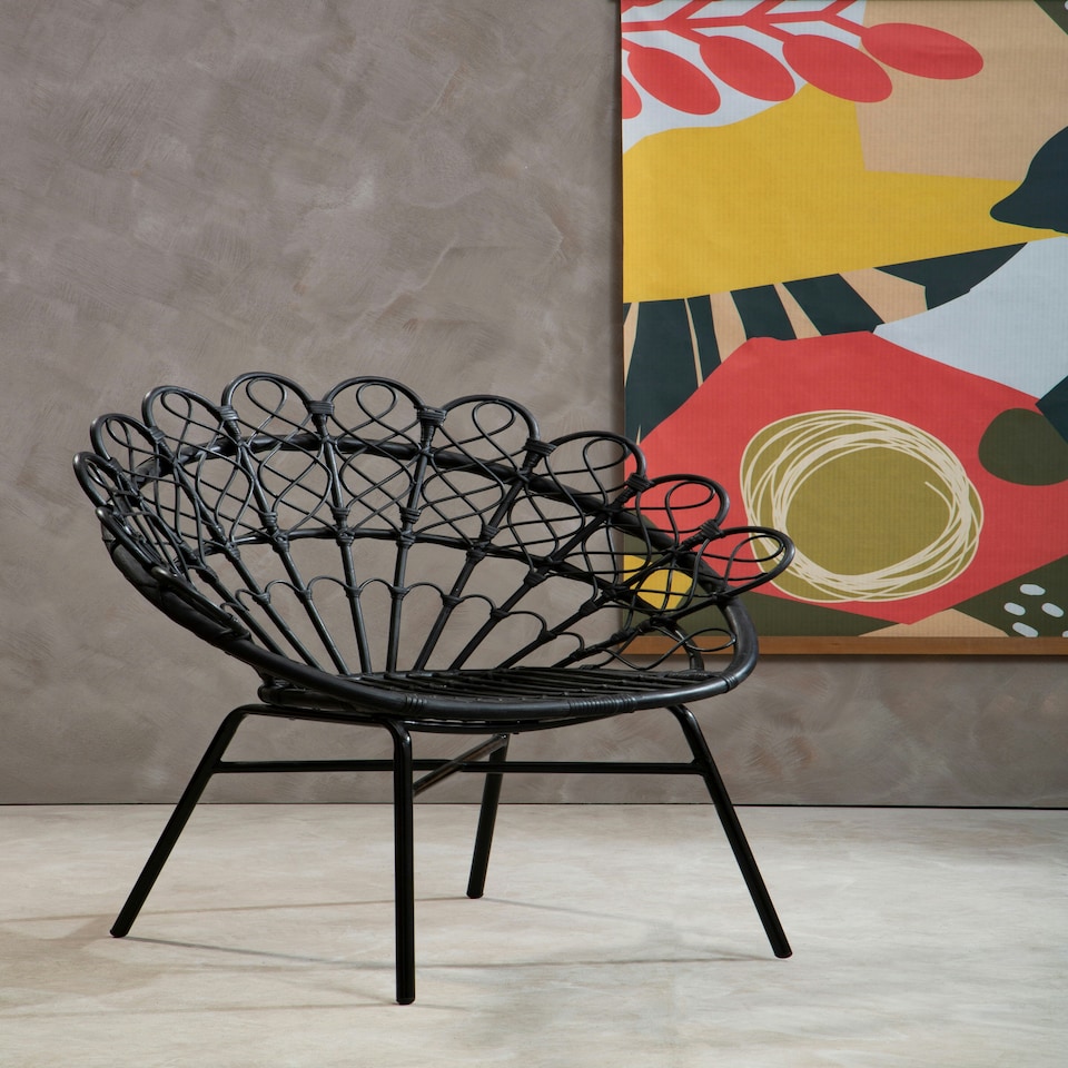 image 1 of Interiors by Premier Black Rattan Round Peacock Chair, Unique Chair with Metal Legs, Rattan Dining Chair, Rattan Outdoor Chair Black
