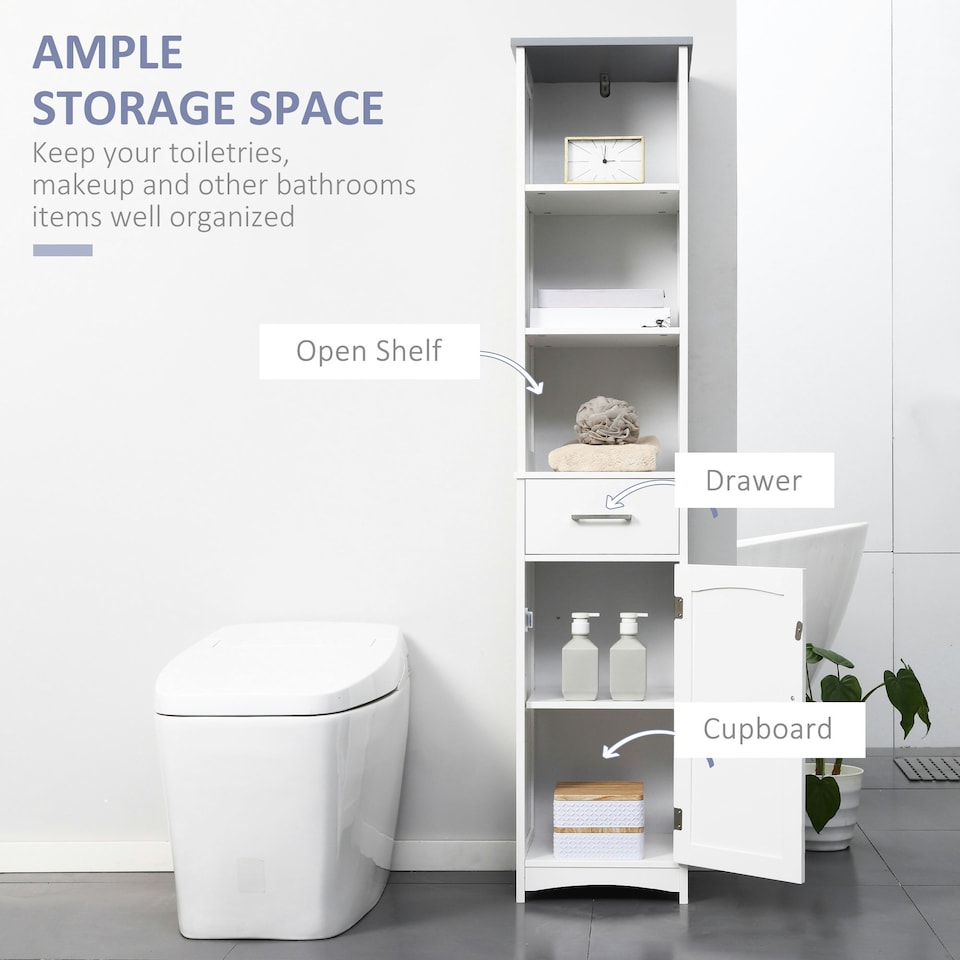 image 1 of kleankin Tall Bathroom Storage Cabinet, Slim Freestanding Linen Tower, White