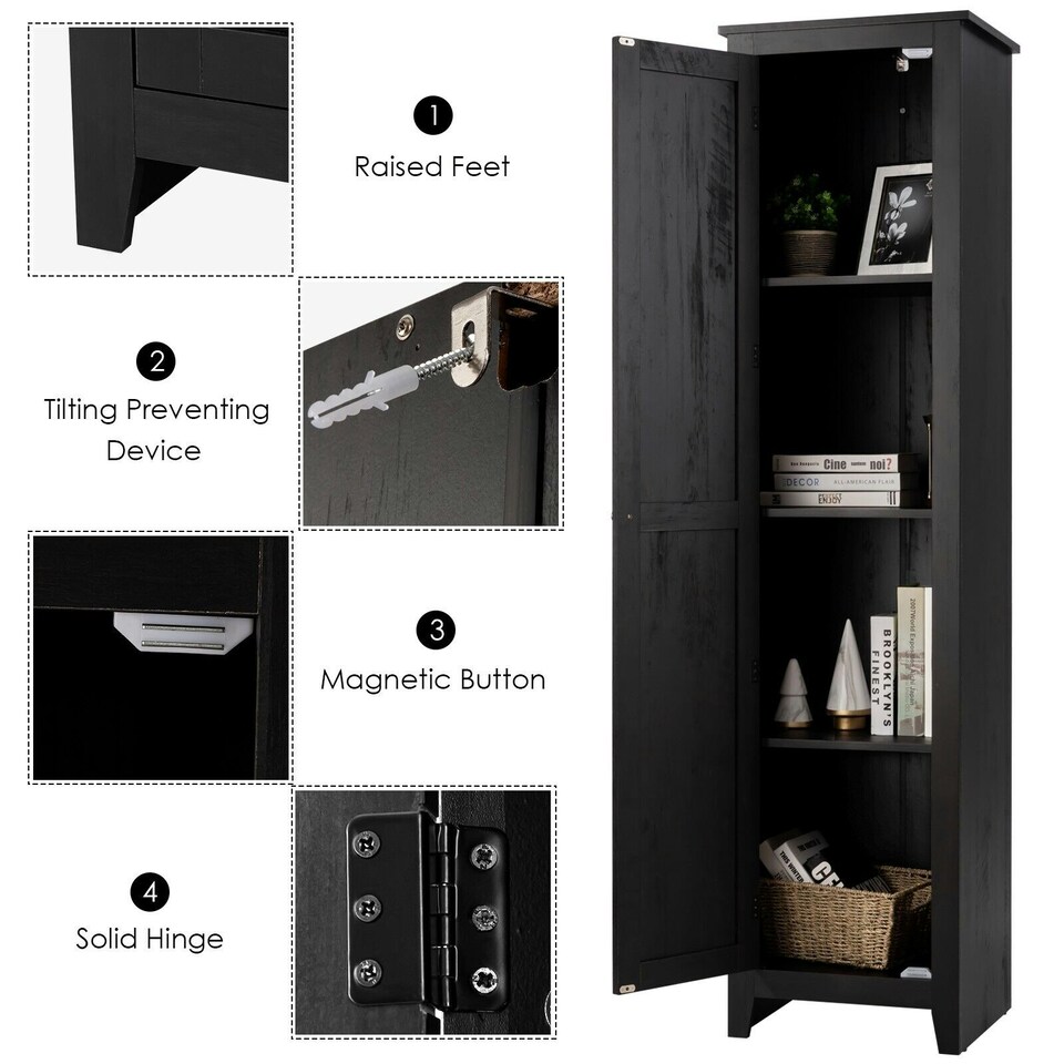 image 1 of COSTWAY Wood Tall Storage Cabinet 4 Tires Display Organizer Black