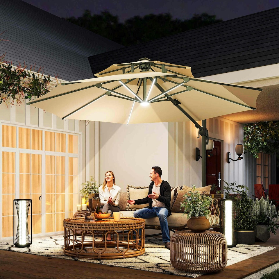 image 1 of Outsunny 3m Cantilever Parasol Solar Lights Power Bank Base Beige