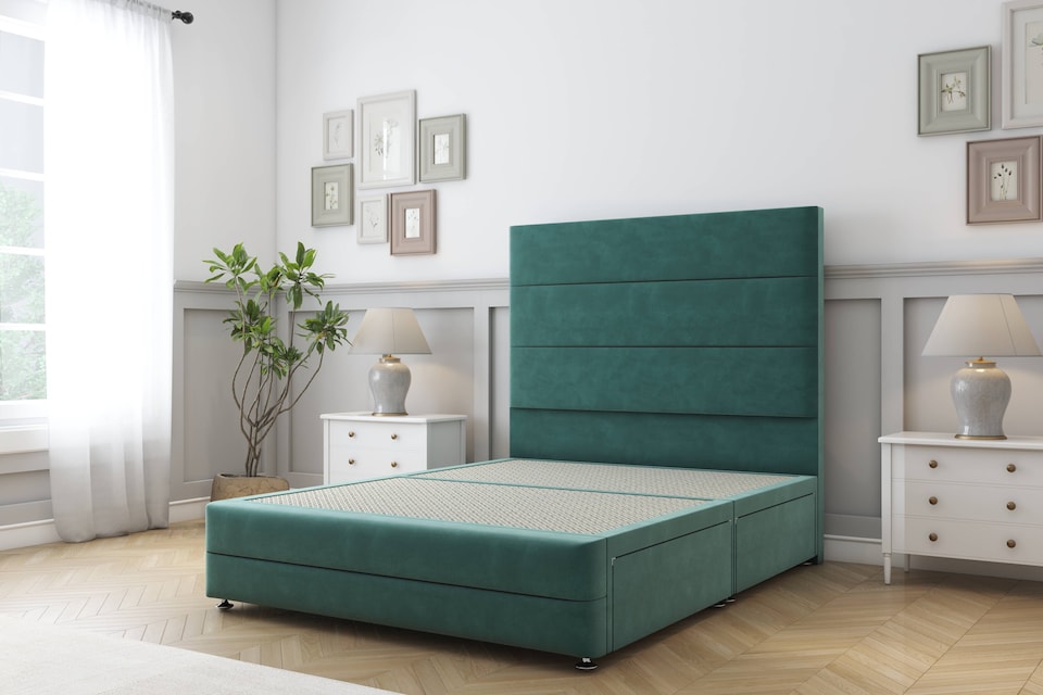 image 1 of Sloomy Monaco Emerald Plush Divan Bed Base 2 Drawers Right Side With 54 Inch Floor Standing Headboard & 12 Inch Matching Footboard | Green | Emerald | King | 1