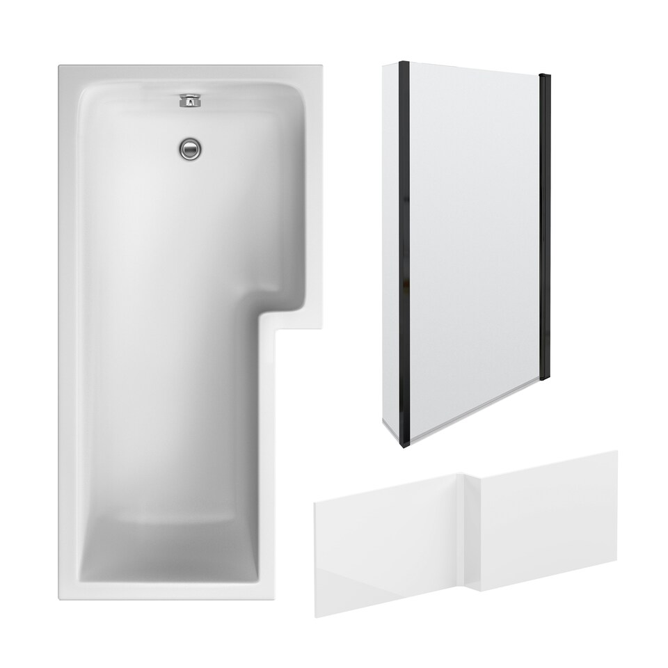 image 1 of 1700mm Right Hand L Shape Bathtub, Front Panel with Bath Screen - Satin Black Profile White