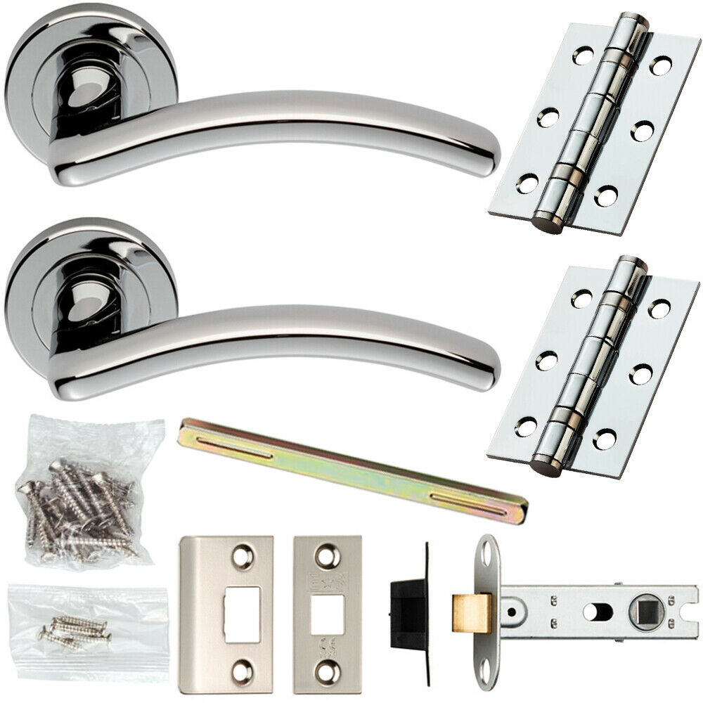 Loops Door Handle & Latch Pack Chrome Modern Arched Curved Bar Screwless Round Rose