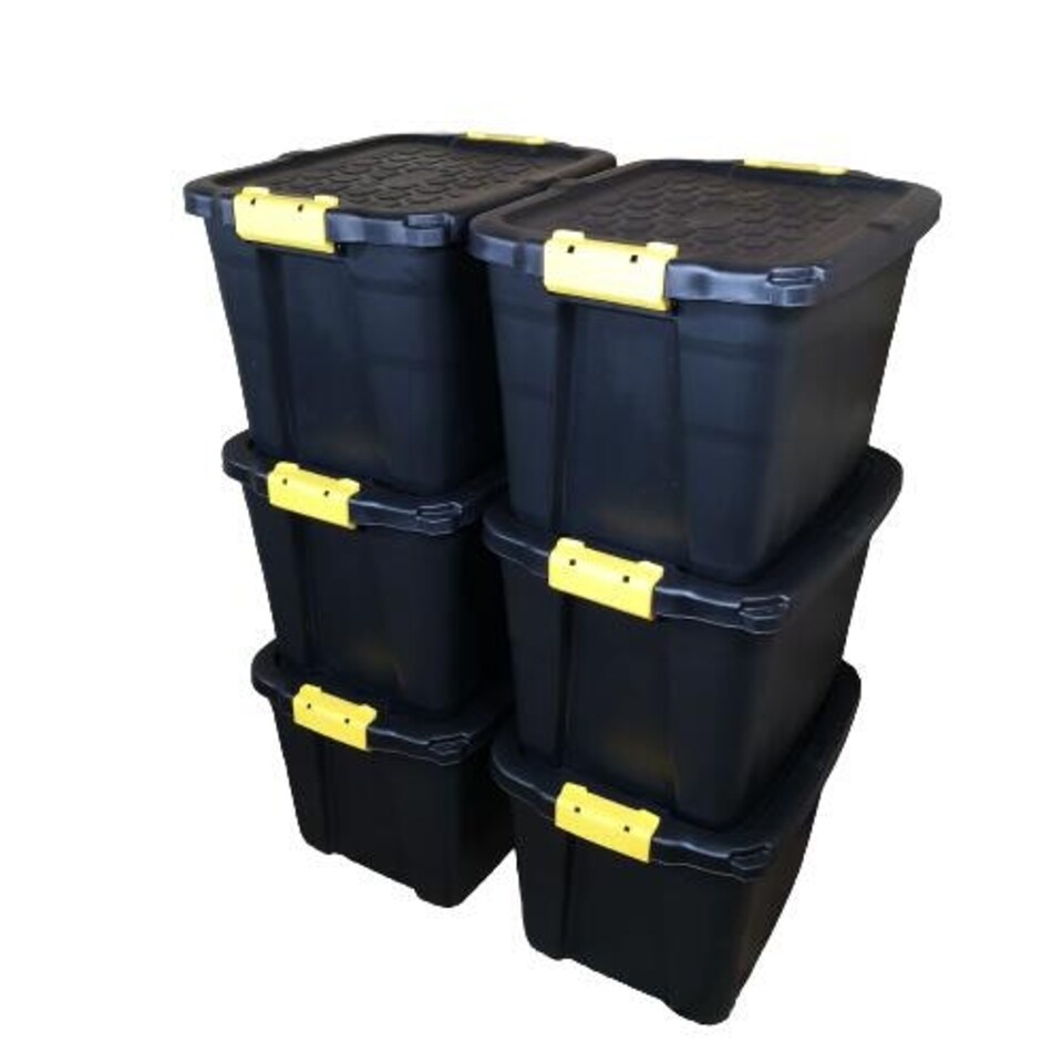 6 x 42L Heavy Duty Storage Tubs Sturdy, Lockable, Stackable and Nestable Design Storage Chests with Clips in Black
