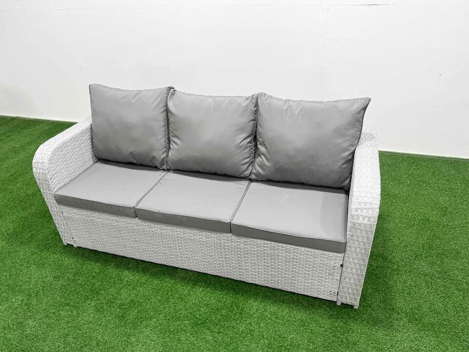 image 1 of Fimous Patio Garden Furniture Sets with Black Glass Top Dining Table 3 Seater Sofa Side Table Big Stool Light Grey