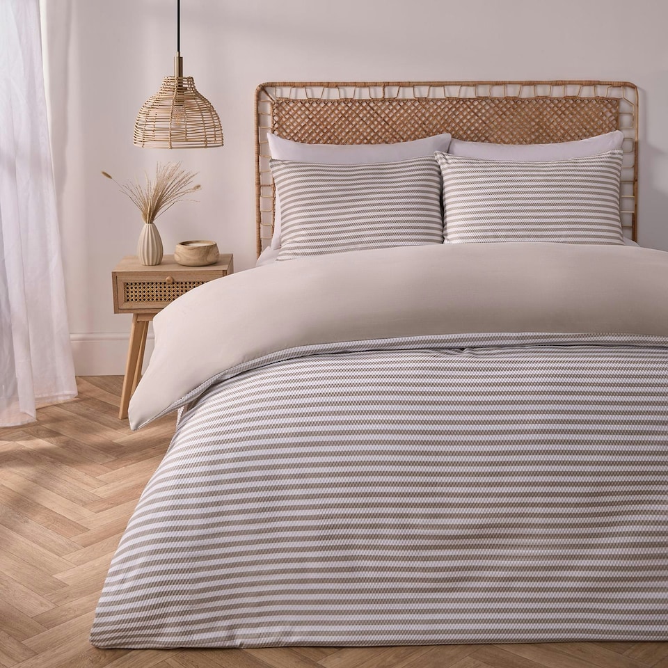 image 1 of OHS Stripe Embossed Duvet Cover and Pillowcase Bedding Set, King - Natural