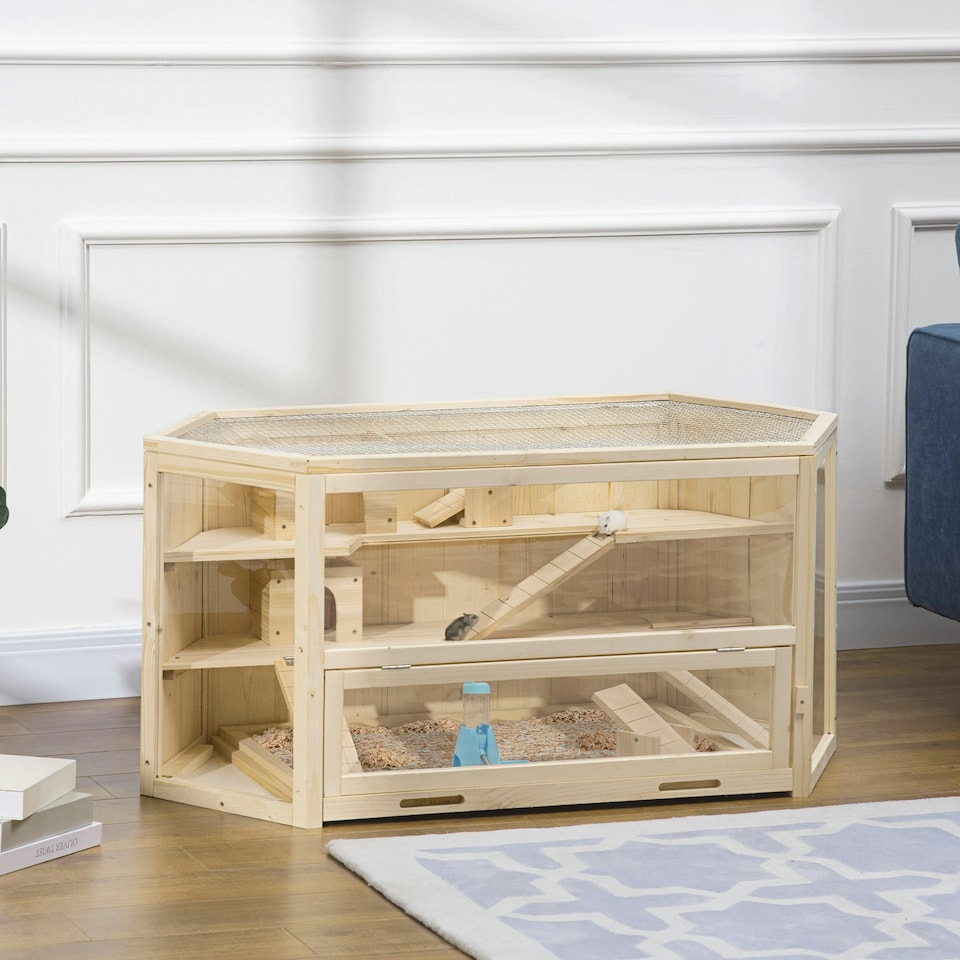 image 1 of PawHut 3 Tier Wooden Hamster Cage Gerbil Play Centre w/ Sliding Tray Ramps