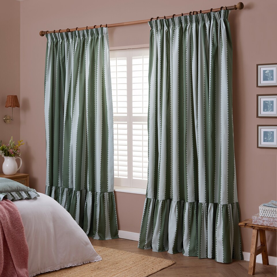 image 1 of Wylder Birdie Stripe Fully Lined Ruffle Pencil Pleat Curtain Pair Baygreen/Mist (W) 117cm x (D) 137cm | Green | Baygreen/Mist | 1