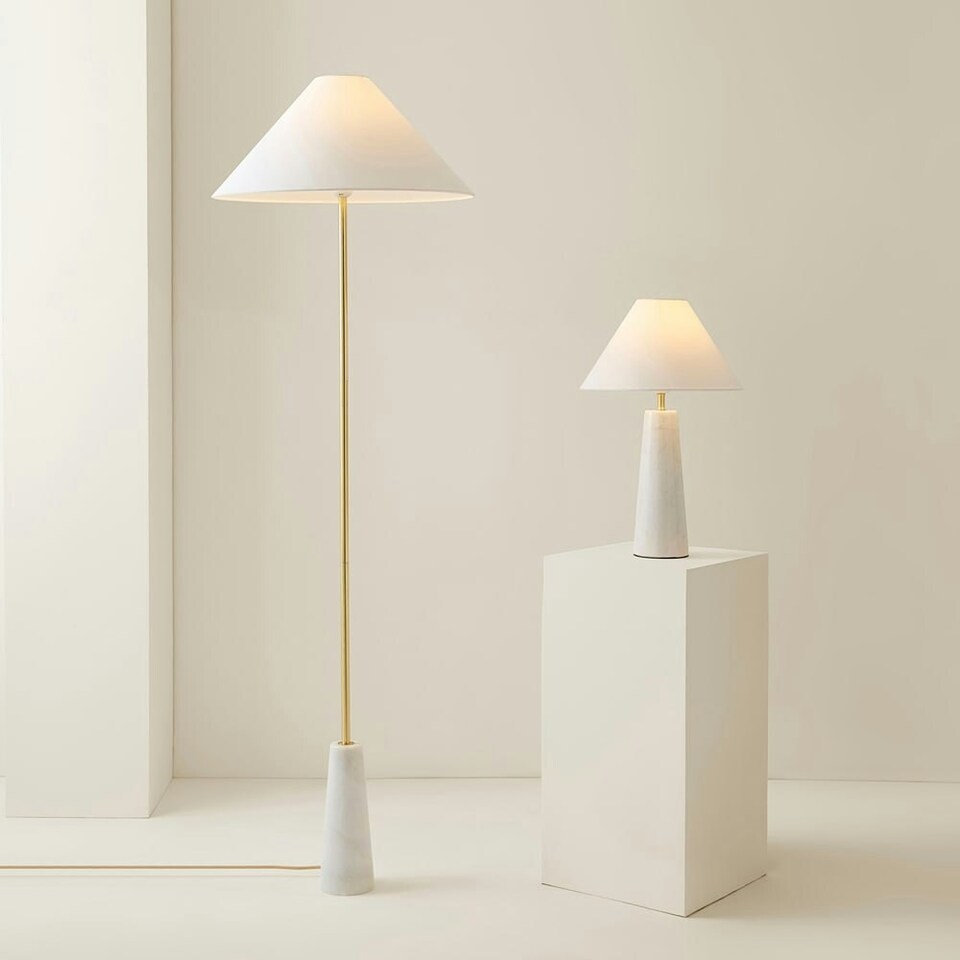 image 1 of ValueLights Margot White Marble Table Lamp with a Linen Tapered Shade | White