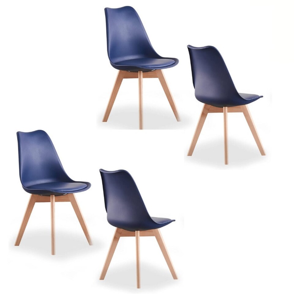 image 1 of 5PCs Dining Set - a White Round Dining Table & Set of 4 White Lorenzo Tulip chairs with Padded Seat | Blue