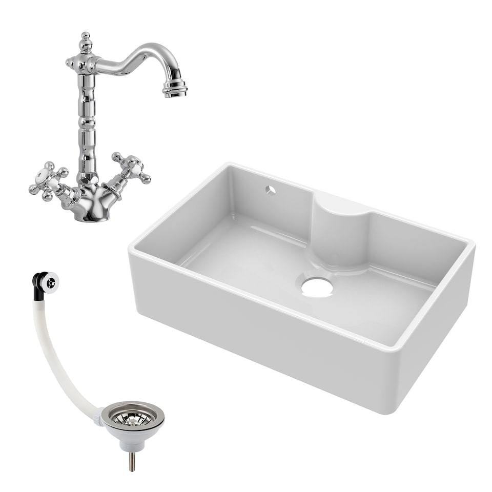 image 1 of Fireclay 795mm 1 Bowl Butler Kitchen Sink - Ledge with French Classic Tap & Waste - Ceramic Kitchen Sink & Tap