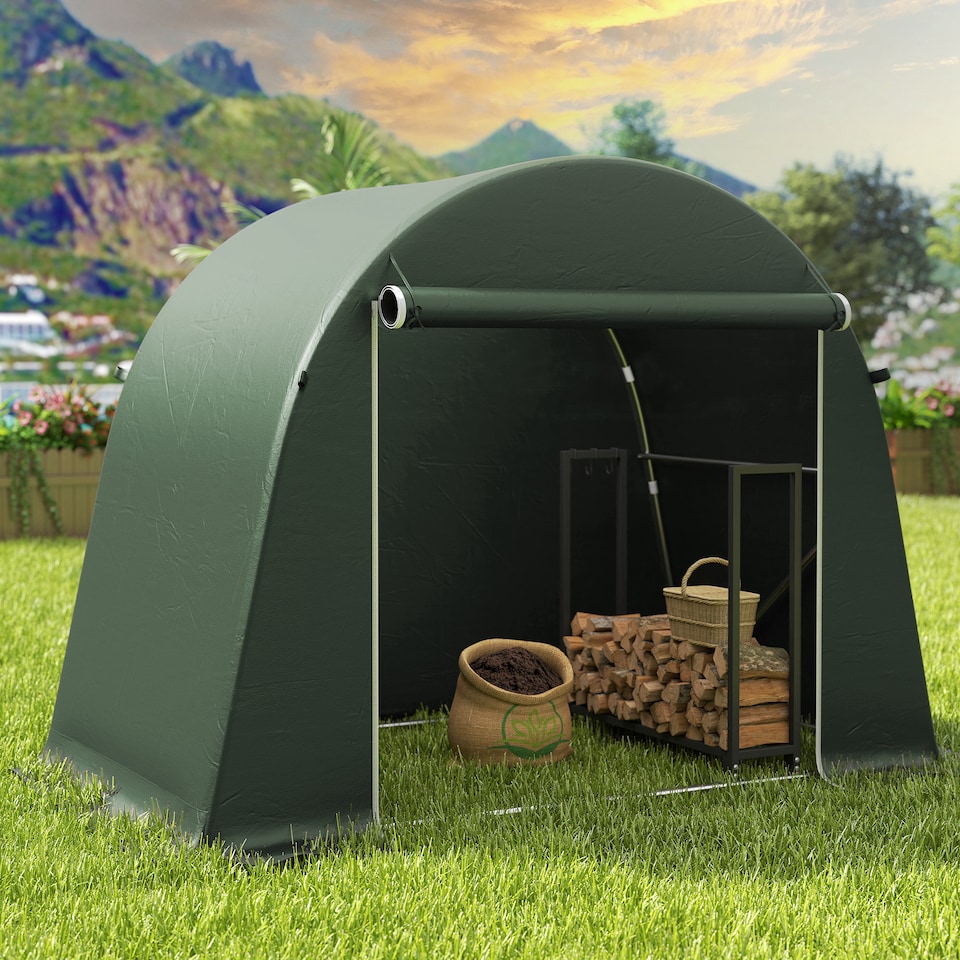 image 1 of Outsunny 8 x 4 ft Garden Storage Shed Tent, Waterproof Bike Tent with Roll-up Zipper Door and Galvanised Metal Frame, Outdoor Portable Shed Storage Shelter for Bike, Garden Tools | Green