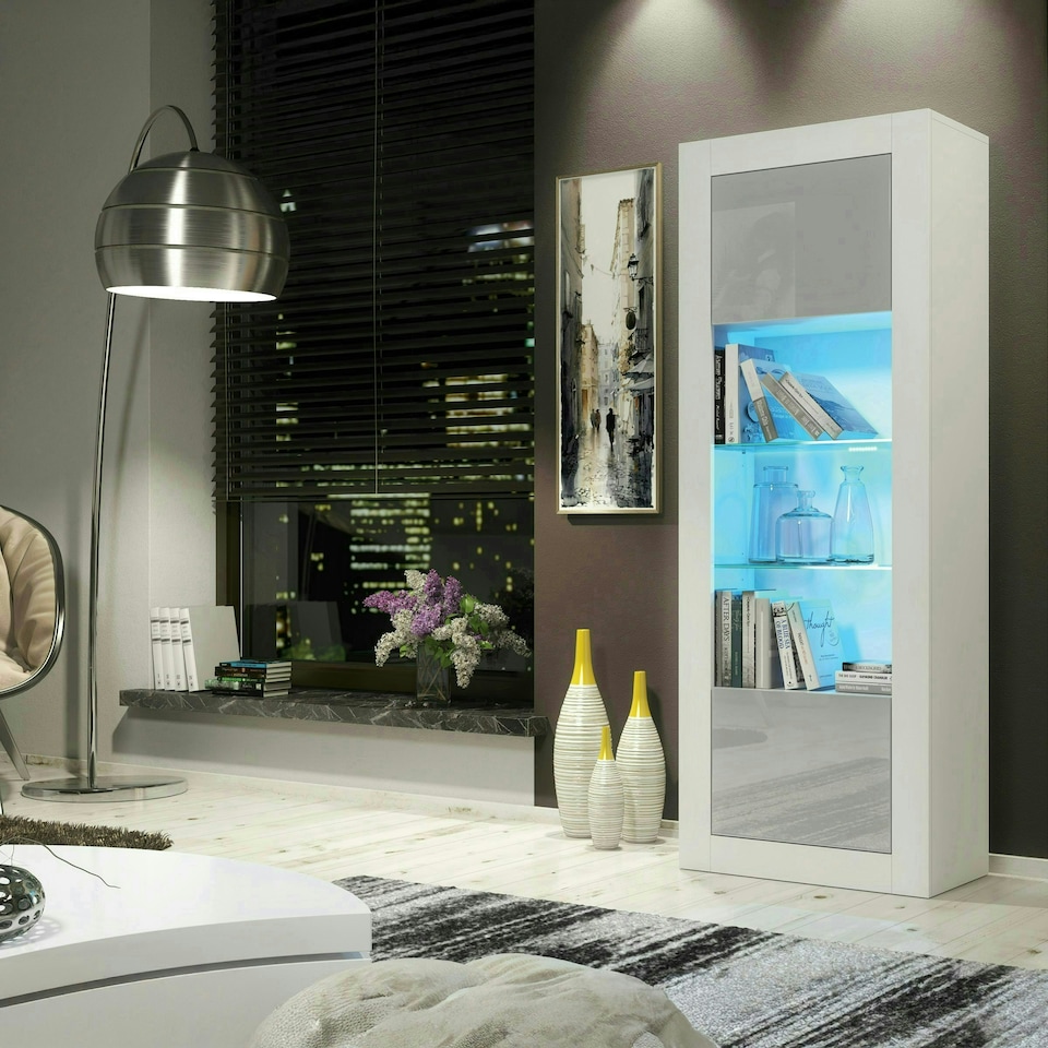 image 1 of Tall Cabinet 170cm Grey Gloss Doors White Matt Body Free LED Light | White | Grey