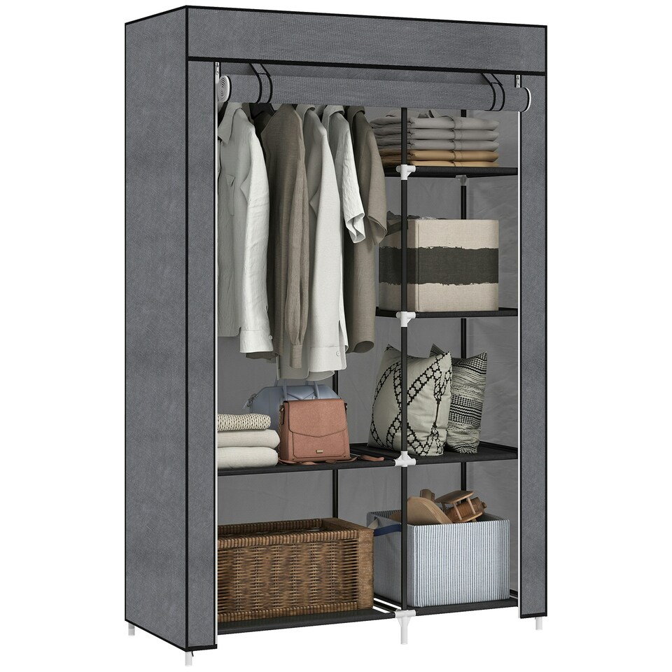 image 1 of HOMCOM Fabric Wardrobe w/ Shelves Hanging Rail Foldable Closets Dark Grey Grey