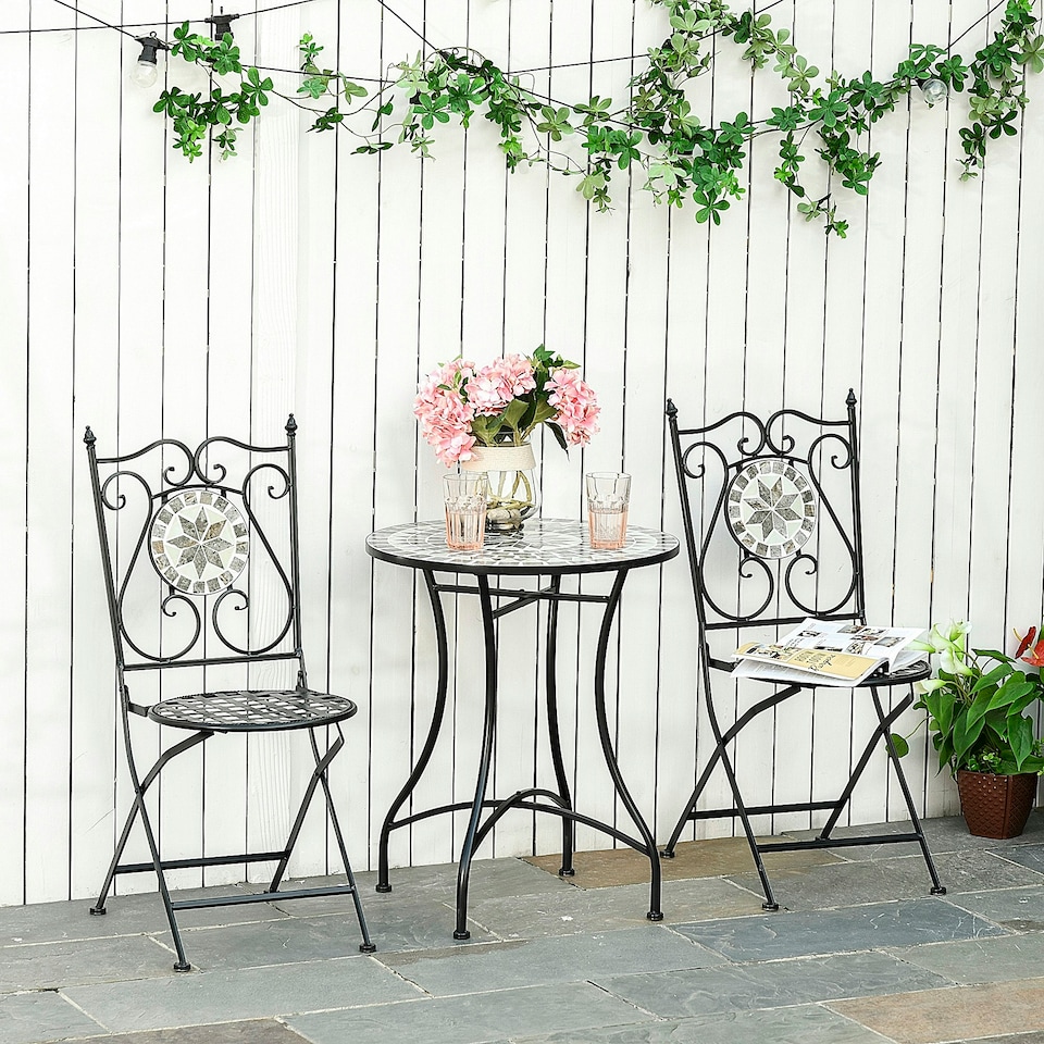 image 1 of Outsunny 3 Pcs Mosaic Tile Garden Bistro Set Outdoor w/ Table 2 Folding Chairs