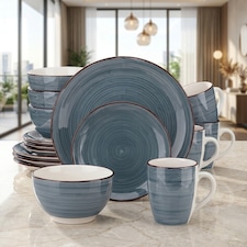 Alivio 16-Piece Blue Glaze Porcelain Dinner Set, Microwave & Dishwasher Safe (Grey)