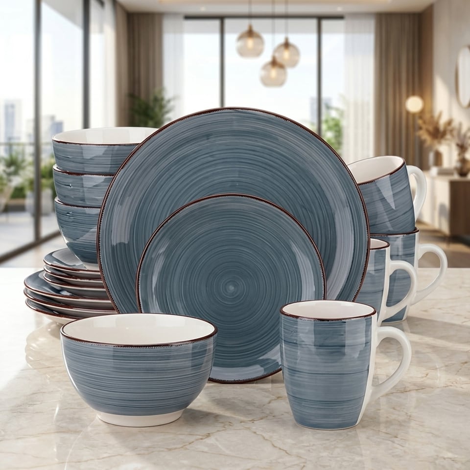 image 1 of Alivio 16-Piece Blue Glaze Porcelain Dinner Set, Microwave & Dishwasher Safe (Grey)