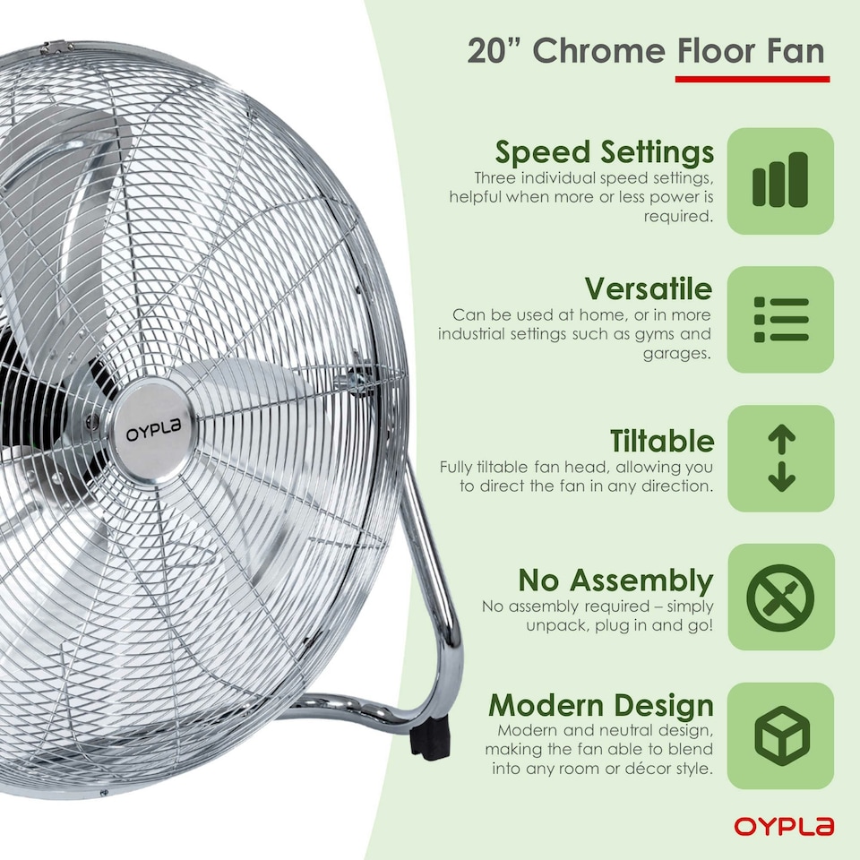 image 1 of Oypla Electrical 20" Inch 50cm Chrome 3 Speed Floor Standing Gym Fan Hydroponic
