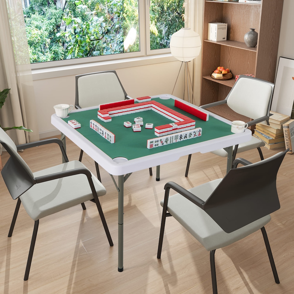 90CM Folding Mahjong Table 4 Player Game Card Table w/Cup Holders-Green ...