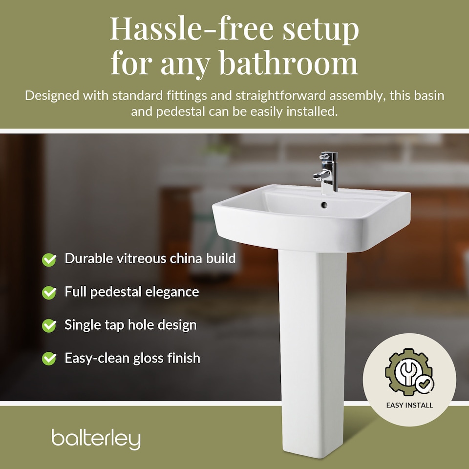 image 1 of Square 1 Tap Hole Basin Full Pedestal 520mm | White | White | 420 x 520 x 820mm